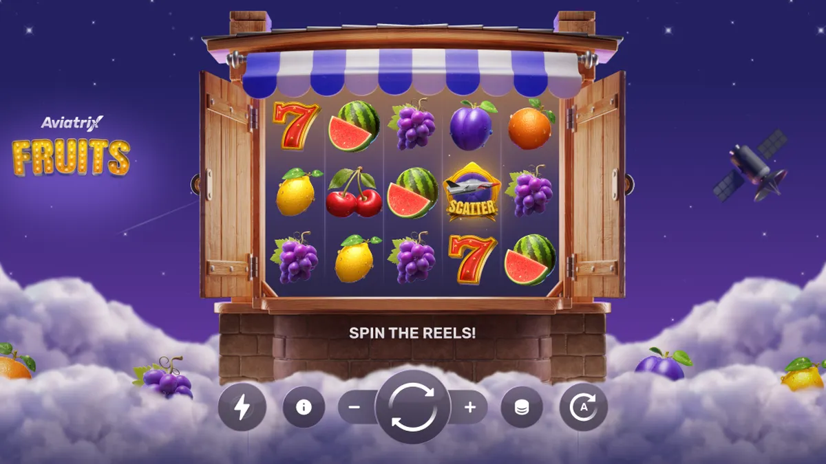 Interface do jogo Aviatrix Fruits mostrando símbolos clássicos e elementos do metaverso