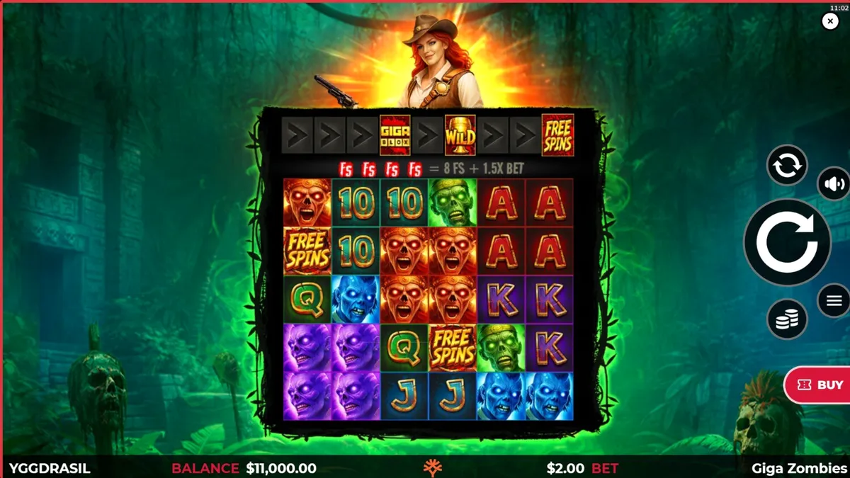 Cenário sombrio de selva maia com zumbis e elementos de faroeste no slot Giga Zombies